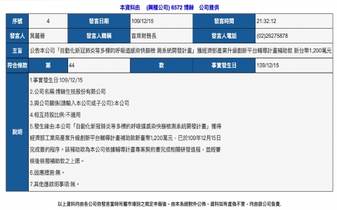 重大訊息：博錸生技獲經濟部產業升級創新平台輔導計畫補助